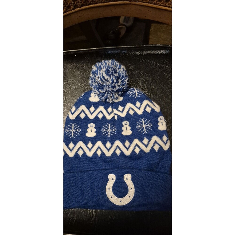 Indianapolis Colts Winter Beanie NFL Blue Knit Hat W Pom Snowman Snowflake EUC